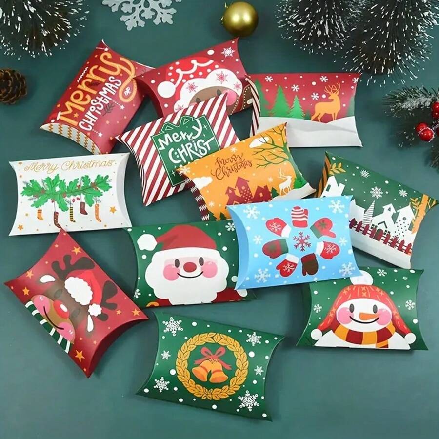 12 piezas Caja de regalo aleatoria de Navidad, Caja de almohada de Navidad como empaque de regalo, Navidad - Multicolor - Ver 1