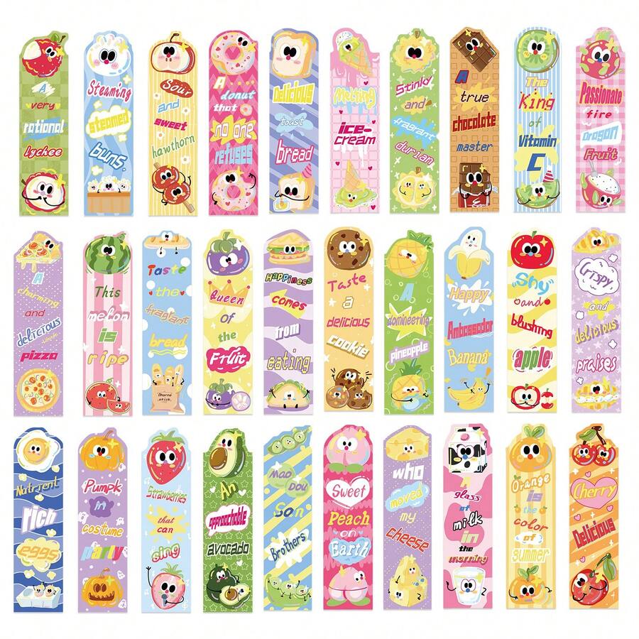 30pcs Cartoon Food & Fruit Series Bookmarks, Colorful Fun Bookmarks For Reading And Food Lovers - Reading And Labeling Paper Cards - 30pcs/pack - View 1
