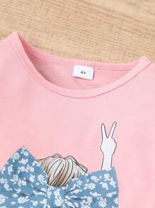 2pcs Young Girl Casual Backprint Long Sleeve Top + Ditsy Floral Long Pants Set, Suitable For Spring/Autumn Daily And Outdoor Wear - Pink - View 3