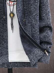 韩版男士全拉链商务休闲加厚保暖针织开衫，带口袋、法兰绒内衬和帽子，长袖上衣