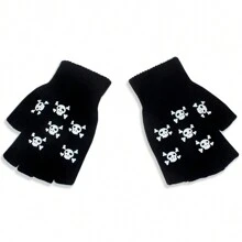 万圣节骷髅印花夜光弹力针织无指手套成人款，秋冬骷髅 - 黑色 - 查看 4