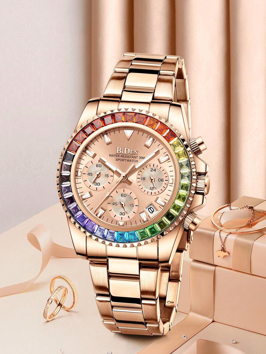 BIDEN Đồng hồ nữ thời trang thanh lịch, đồng hồ công sở nữ kiểu dáng thường ngày, đồng hồ bấm giờ 12/24 giờ, chống nước, lịch, kim dạ quang, vỏ cầu vồng, dây đeo thép không gỉ, đồng hồ nữ kèm hộp.