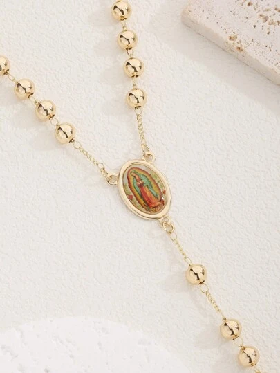 1 件经典铜质圣母玛利亚串珠项链，带吊坠，适合赠送朋友和休闲或节日佩戴，适合女性