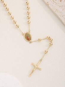 1 Stück klassische Kupfer Jungfrau Maria Perlenkette mit Kreuz Anhänger, geeignet als Geschenk für Freunde und zum lässigen Tragen oder für Festivals, für Frauen