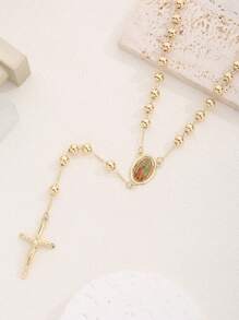 1 Stück klassische Kupfer Jungfrau Maria Perlenkette mit Kreuz Anhänger, geeignet als Geschenk für Freunde und zum lässigen Tragen oder für Festivals, für Frauen