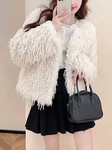 Women's Faux Fur Trim Fringed Short Faux Leather Jacket, Autumn/Winter - White - View 3