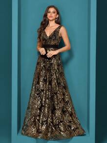 XUIBOL Women's Sequined Embroidery Fitted V-Neck Sleeveless Floor Length Formal Evening Gown, Elegant And Sophisticated For Party, Banquet, Ball (Heavily Decor) Party Dress Wedding Guest Dress Evening Dress - 金色 - 查看 1