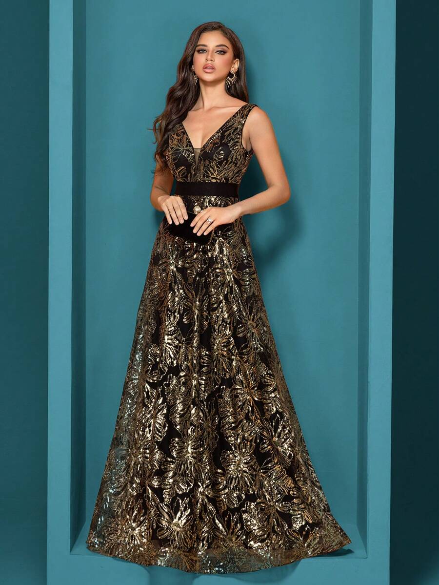 XUIBOL Women's Sequined Embroidery Fitted V-Neck Sleeveless Floor Length Formal Evening Gown, Elegant And Sophisticated For Party, Banquet, Ball (Heavily Decor) Party Dress Wedding Guest Dress Evening Dress - 金色 - 查看 1
