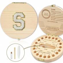 创意首字母木质牙齿收纳盒木质牙盒脐带牙齿收集盒婴幼儿纪念品盒刺绣字母A到Z - 杏色 - 查看 12