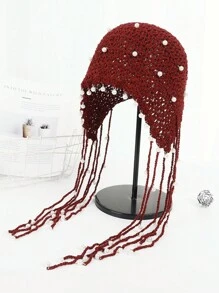Boho 波西米亚风复古手工流苏时尚球红色针织帽女式保暖头带帽冬季护耳绷带帽针织帽女士保暖户外帽，非常适合滑雪和旅行 - 彩色 - 查看 8