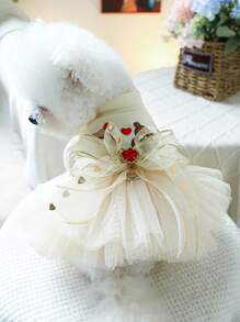 1 件宠物连衣裙，狗猫公主薄纱连衣裙，婚礼熊连衣裙，情人节 - 米色 - 查看 2