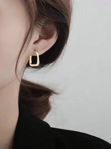 1 对法式复古纯色环形耳环，简约耳环 - 金黃色 - 查看 3