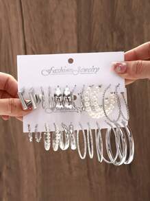 12pairs Metal Twist Chain Hoop Earrings Set, Creative Minimalist Geometric Design Earrings - Silver - View 2