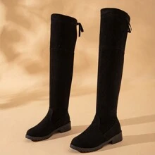 这款时尚中跟过膝靴专为少女设计，带有弹性和装饰性系带元素，一体式靴子 - 黑色 - 查看 11