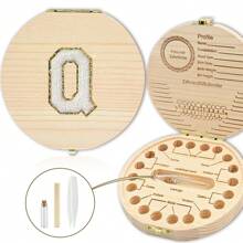 创意首字母木质牙齿收纳盒木质牙盒脐带牙齿收集盒婴幼儿纪念品盒刺绣字母A到Z - 杏色 - 查看 42