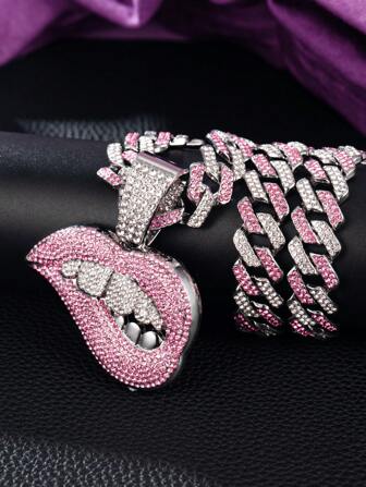 1pc Women's Pink & White Rhinestone Lip Shaped Pendant Necklace, Punk & Hip Hop Style, Jewelry Gift & Party Wear