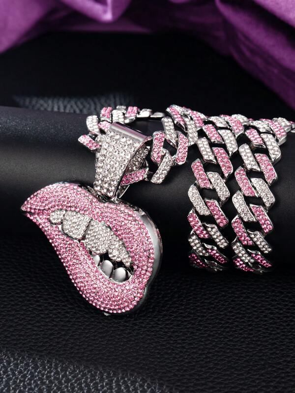 1pc Women's Pink & White Rhinestone Lip Shaped Pendant Necklace, Punk & Hip Hop Style, Jewelry Gift & Party Wear