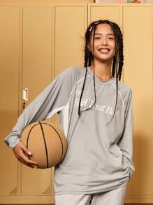 UZISER 基本训练健身跑步宽松轻便快干女式吸湿排汗字母图案插肩袖拼布圆领套头衫 - 淺灰色 - 查看 6
