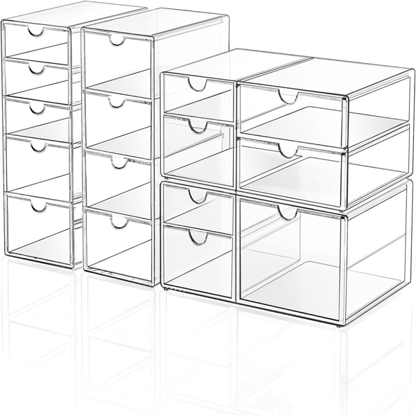 TAIMASI Organizador de almacenamiento de cajón de maquillaje con 16 cajones, 4 juegos de organizador de escritorio de oficina acrílico y almacenamiento, organizador de cajón a prueba de polvo para maquillaje, oficina, encimera, joyería, lápiz, escritorio, baño