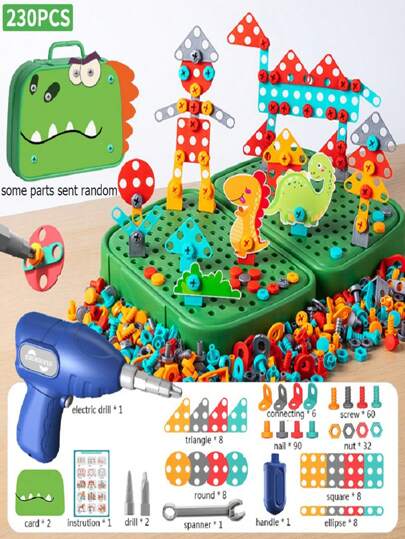 230pcs/228pcs Simulated Children Tool Toys Set 3D DIY Puzzle Toys Electric Drill Screw Nuts Pretend Play Toys 2D/3D Creative Dinosaur Tool Set Toys  Educational Toys Building Bricks DIY Toys Set Gifts For Boys Girls Electric Drill Tool Kit Sets Children Tool Toy,Magnatiles,Kids Tools Set,Drill Toys,Electric,Drill Set Toy,Play Tool Set,Construction Tools,Kids Tool Set,Drill Toy