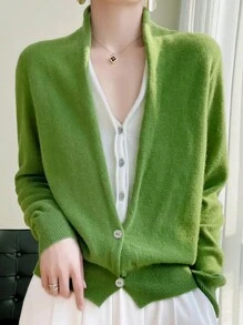 长袖纯色针织开衫，适合休闲装、春秋季节 - 綠色 - 查看 1