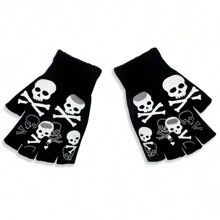 万圣节骷髅印花夜光弹力针织无指手套成人款，秋冬骷髅 - 黑色 - 查看 11