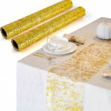 2PCS Gold Table Runner, Gold Runner, Thin Metallic Mesh Gold Table Decorations - Gold Table Runner For Party, Wedding, Birthday Party, Christmas - Multicolor - View 1