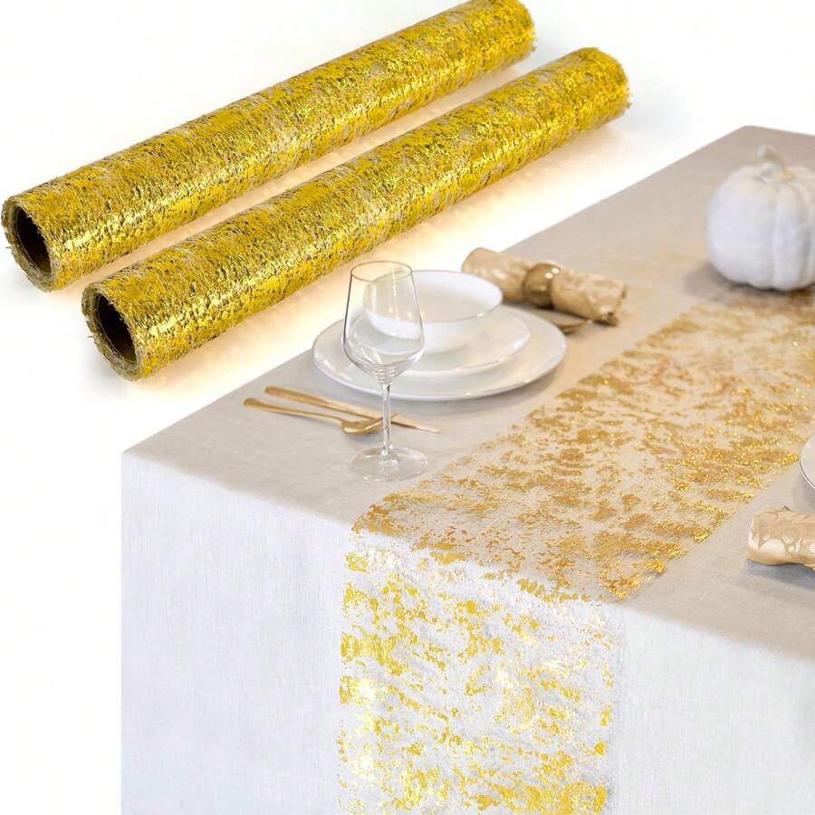 2PCS Gold Table Runner, Gold Runner, Thin Metallic Mesh Gold Table Decorations - Gold Table Runner For Party, Wedding, Birthday Party, Christmas - Multicolor - View 1
