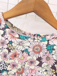 2 件套年轻女孩随机花卉印花圆领长袖上衣和裤子套装，2024 年秋季新品 - 黃色 - 查看 2