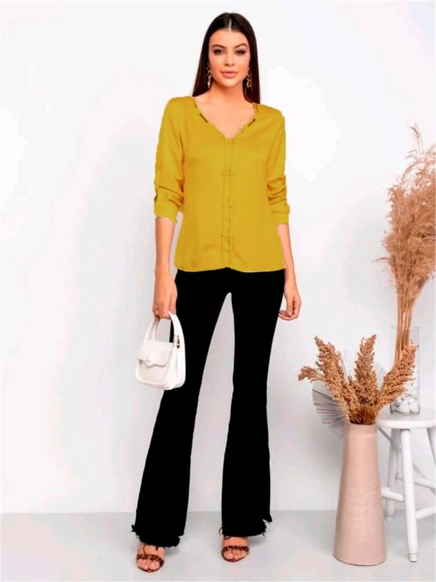 SIMPLE PLAIN LONG SLEEVE SHIRT WITH ROPE DETAIL YJ6020 - 芥末黃 - 查看 1