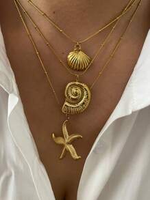 Monlansher 1pc Women Stainless Steel Beaded Necklace With Seashell, Starfish & Conch Pendants, Casual Ocean-Inspired Style, Fashion Layered Lightweight Luxury Everyday Wear