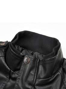 Men's Fashion Casual PU Leather Mid-Long Jacket, Windproof Warm Stand Collar, Autumn Winter,Fleece - Black - View 6