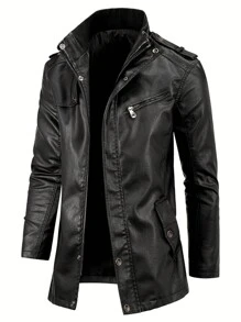 Men's Fashion Casual PU Leather Mid-Long Jacket, Windproof Warm Stand Collar, Autumn Winter,Fleece - Black - View 1
