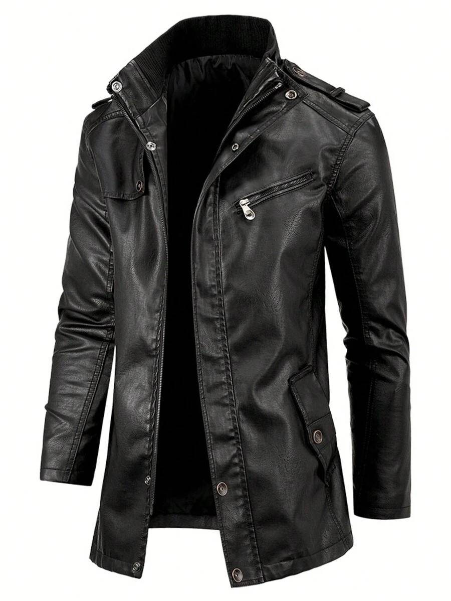 Men's Fashion Casual PU Leather Mid-Long Jacket, Windproof Warm Stand Collar, Autumn Winter,Fleece - Black - View 1