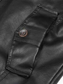 Men's Fashion Casual PU Leather Mid-Long Jacket, Windproof Warm Stand Collar, Autumn Winter,Fleece - Black - View 5