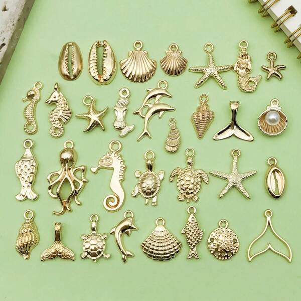 30 piezas Mezcla de encantos dorados de KC del océano marino, vida marina, estrellas de mar para hacer joyas, collares, aretes, pulseras a granel de verano, manualidades y accesorios DIY