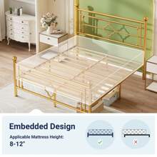 Allewie Twin/Full/Queen/King Size Metal Platform Bed Frame With Victorian Vintage Headboard And Footboard/Mattress Foundation/Under Bed Storage/No Box Spring Needed/Noise-Free/Easy Assembly, Gold - 金色 - 查看 7