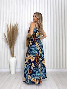 LONG PRINTED DRESS WITH THIN STRAP TYING AT THE WAIST - Màu xanh hải quân - Xem 4