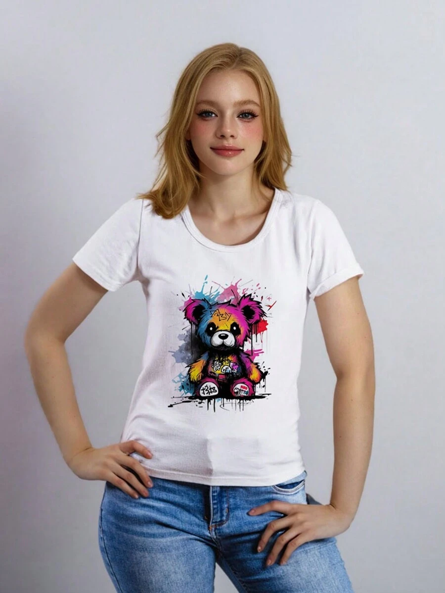 Printed T-Shirt Baby Look Neon Summer Short Sleeve T-Shirt - 白色 - 查看 1