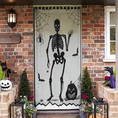 1 Pc Spooky Halloween Door Curtains, Skeleton, Bat, Theme, Suitable For Indoor And Outdoor, Perfect Horror Atmosphere Home Decoration Props Best Gifts Birthday Halloween Decor Room Decor