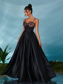 V 领亮片胸罩杯拼接缎面荷叶边连衣裙，黑色优雅正式晚礼服，适合婚礼嘉宾、毕业典礼、晚宴 - 黑色 - 查看 3