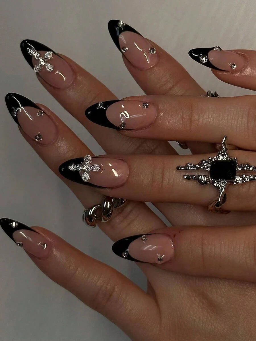24pcs Almond Cross Design Black French Nail Stickers (Medium Size), Cross Alloy Nail Decor With Rhinestones, Perfectly Fit Acrylic Fake Nails Set, Includes 1 Gel Polish And 1 Nail File, French Manicure Stickers Suitable For Women And Girls To DIY For Daily, Work, Study And Party Nail Supplies - Black - View 1