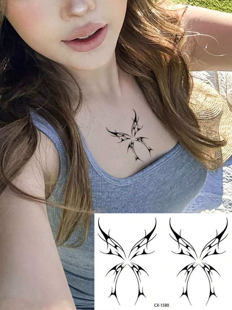 1 件防水临时蝴蝶翅膀纹身贴纸，适合时尚人士 - 黑色 - 查看 3