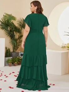 女款大尺碼正式荷葉邊飄逸伴娘禮服 - 墨綠色 - 查看 3
