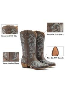 Women's Mid Calf Cowgirl Boots Cowboy Boots Pointed Toe Fashion Slip-On Chunky Heel Embroidery Stitched Western Brown Boots For Festival Party Shoes - 棕色 - 查看 8