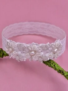 1件优雅珍珠装饰弹力蕾丝新娘吊袜带，手工仿珍珠女士大腿环，性感时尚婚礼配饰，节日，派对 - 白色 - 查看 3