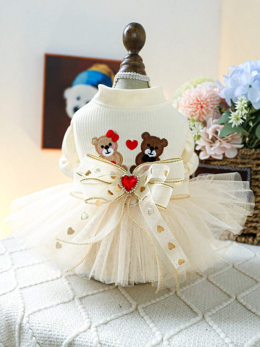 1 件宠物连衣裙，狗猫公主薄纱连衣裙，婚礼熊连衣裙，情人节 - 米色 - 查看 1