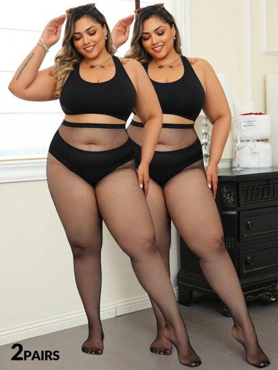 2pcs Plus Size Women's Fishnet Tights, Black Hollow Out Elastic Skinny Pants, Goth Punk Fashion Wear