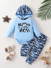 2-teiliges Set aus Buchstabenprint Kapuzen-Romper & Camouflage Hose, neuer Stil