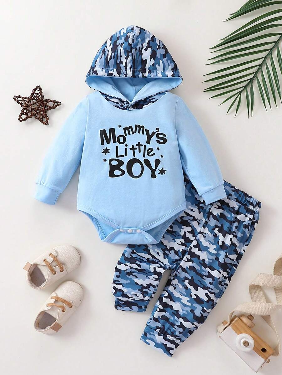 2-teiliges Set aus Buchstabenprint Kapuzen-Romper & Camouflage Hose, neuer Stil